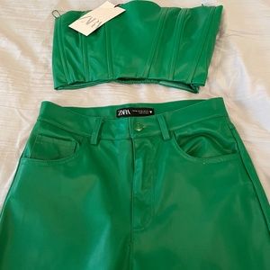 Green leather pants and top set